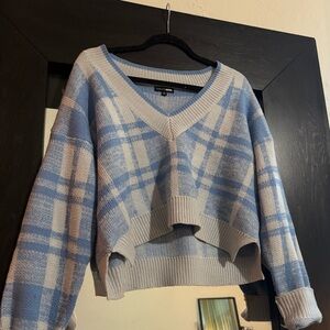 Blue/Cream Plaid V-Neck Sweater